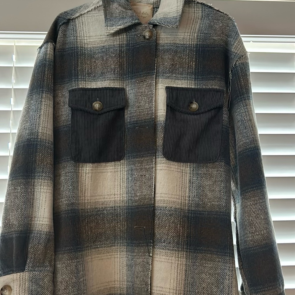 Plaid Button-Up Jacket with Corduroy Pockets